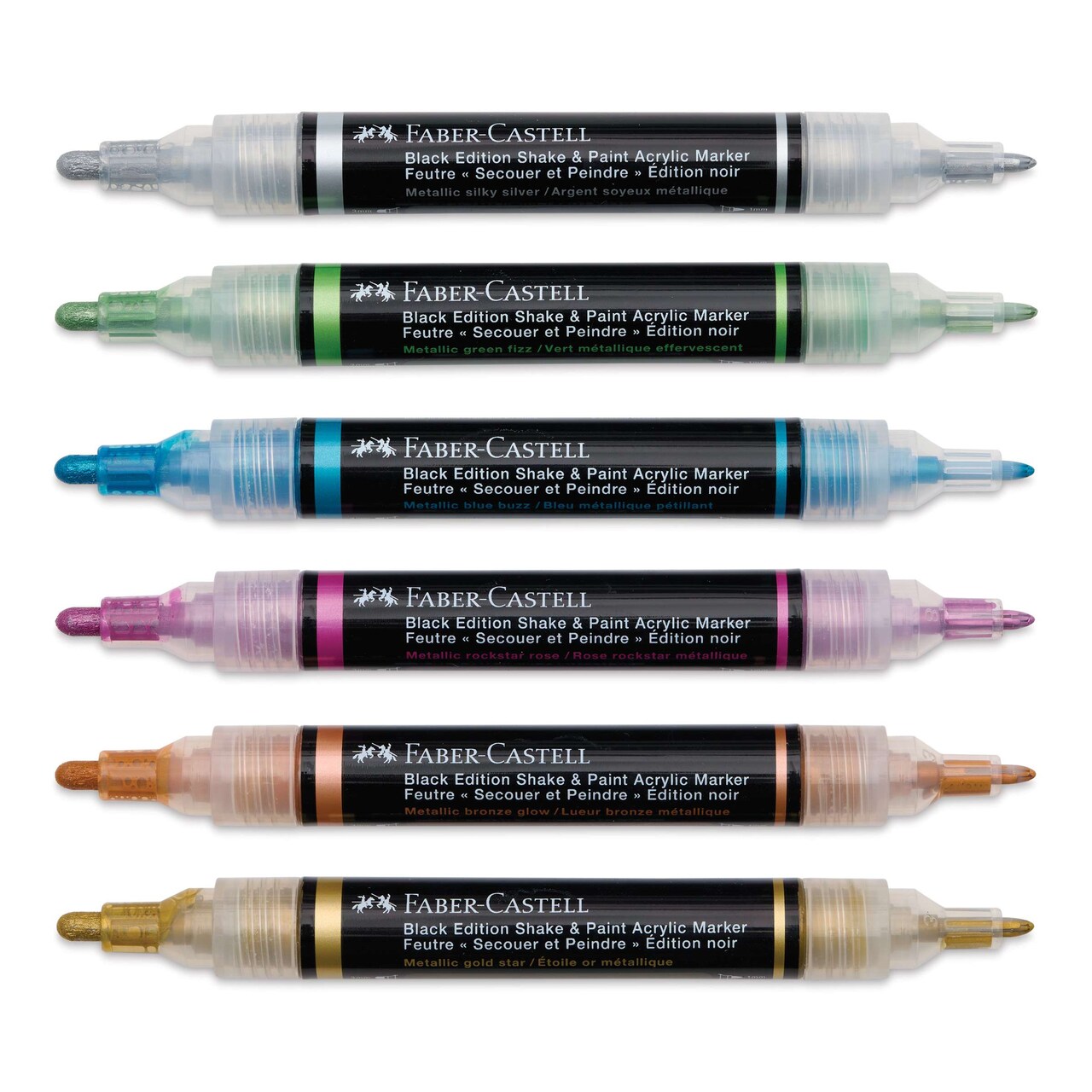 Faber-Castell Black Edition Shake and Paint Twin Acrylic Marker - Metallic Colors, Set of 6